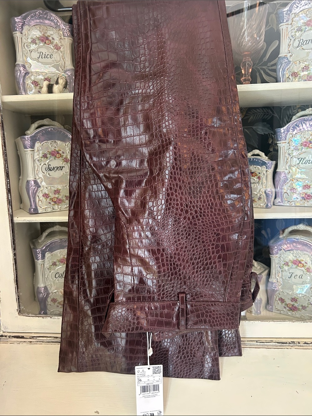 Mango Women's Burgundy Faux Croc flared high waisted pants- size 4